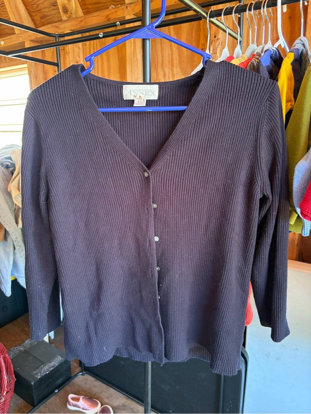 Navy Blue Ribbed V-Neck Button-Front Cardigan Sweater Mother of Pearl Detail